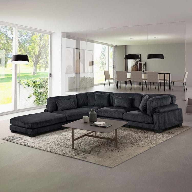 Lazzara Turbo 135 in. Pillow Top Arm 5-Piece Corduroy Fabric Modular Sectional Sofa in. Black with Ottoman
