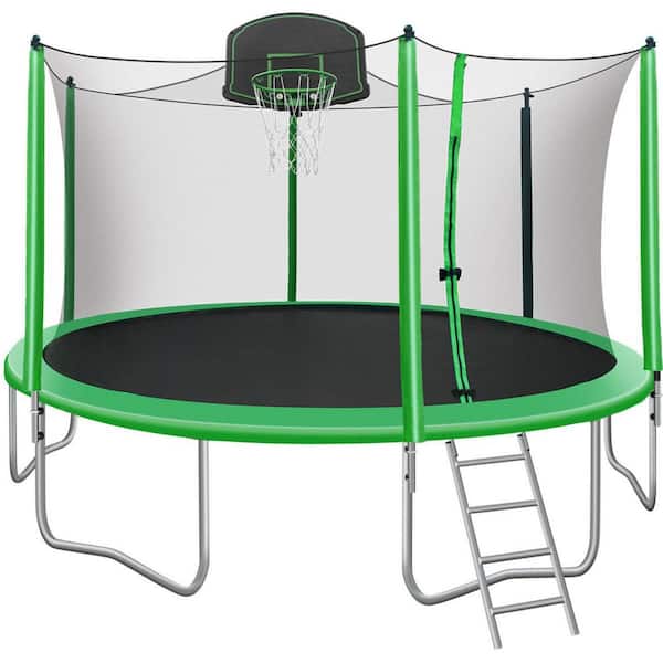 maocao hoom 12 ft. Green Backyard Trampoline with Safety Enclosure, Basketball Hoop and Ladder