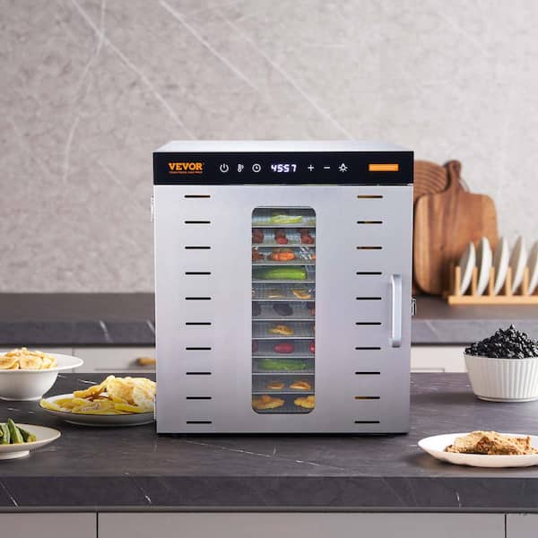 Food Dehydrator Machine w/10-Tray Silver, 1000-Watts Silver Dehydrator w/Adjustable Temperature, FDA Listed