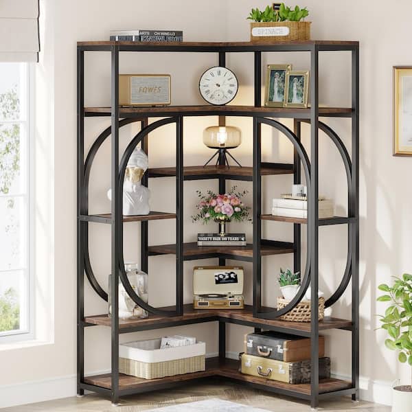 BYBLIGHT Eulas 35.43 in. Wide Rustic Brown 14 shelf Industrial L-Shaped Corner Bookcase with Open Back