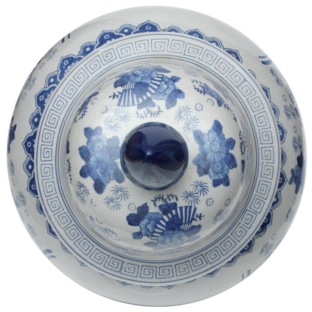 32" Blue and White Porcelain Temple Jar with Floral Design