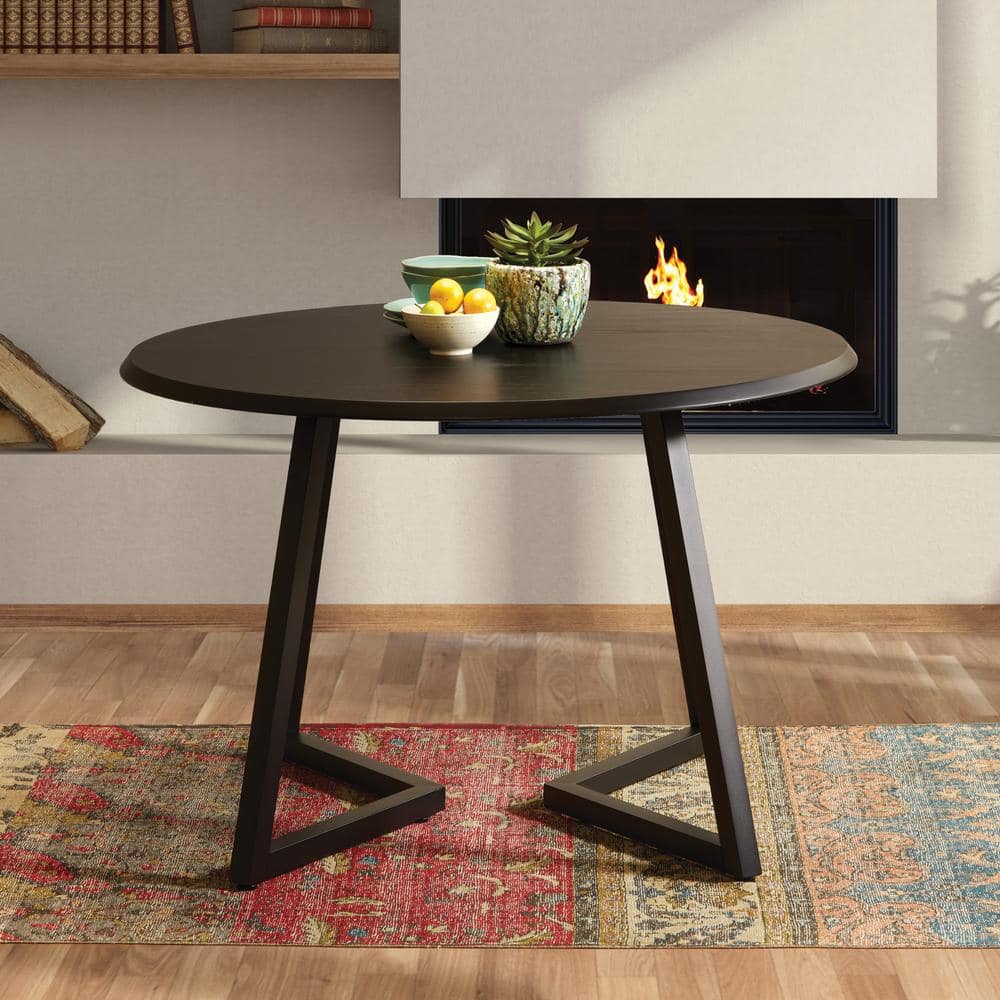 Metro Round Black Veneer Top Dining Table with Metal Base, 45.5 inches