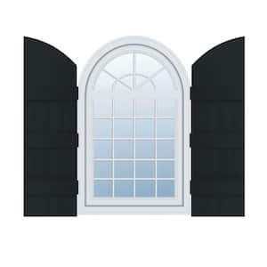 14 in. W x 69 in. H Vinyl Exterior Arch Top Joined Board and Batten Shutters Pair in Black