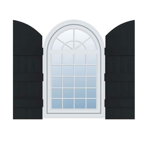 Builders Edge 14 in. W x 85 in. H Vinyl Exterior Arch Top Joined Board and Batten Shutters Pair in Black