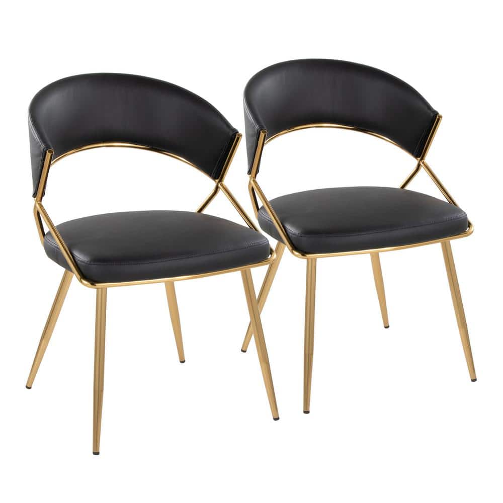 Black Faux Leather and Gold Metal Dining Side Chair Set