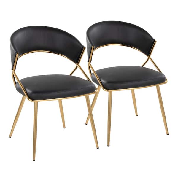 Lumisource Jie Black Faux Leather and Gold Metal Side Dining Chair (Set of 2)