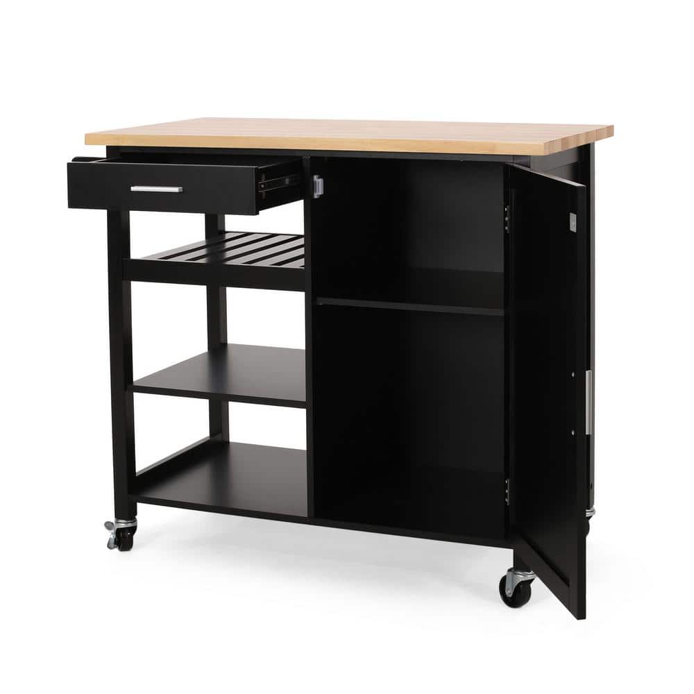 Black and Natural Wood Kitchen Cart with Storage