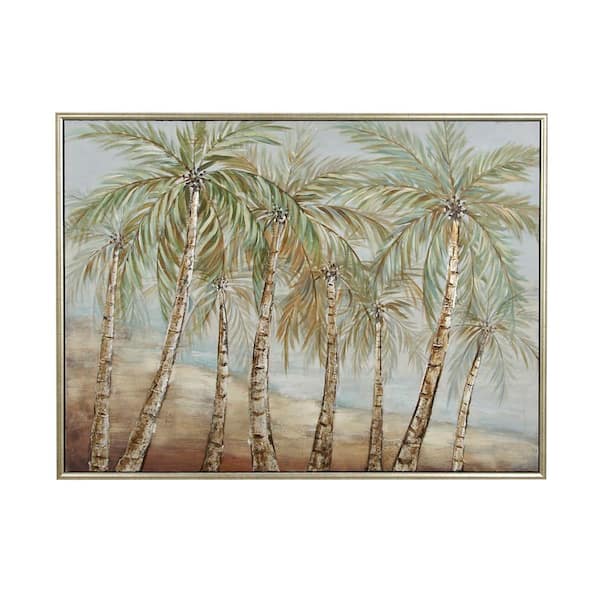 Litton Lane 1- Panel Tree Palm Framed Wall Art with Silver Frame 37 in. x 48 in.