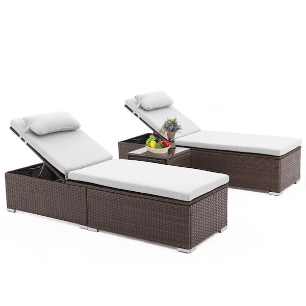 Miscool Anky Brown 3-Piece Rattan Wicker Adjustable Outdoor Chaise Lounge with Olefin Light Gray Cushions and Side Table