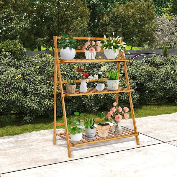 ANGELES HOME 27.5 in. x 15 in. x 37.5 in. Indoor/Outdoor Natural Wood Plant Stand 3-Tier Plant Shelf Display Holder for Balcony