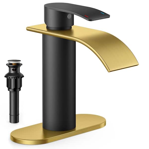 FORIOUS Single Handle Mid-Arc Bathroom Faucet with Deckplate and Pop-Up Drain in Black Gold
