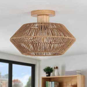 Semiko 12.6 in. 1-Light Brown Hand-Woven Rattan Caged Semi Flush Mount Ceiling Light With Shade