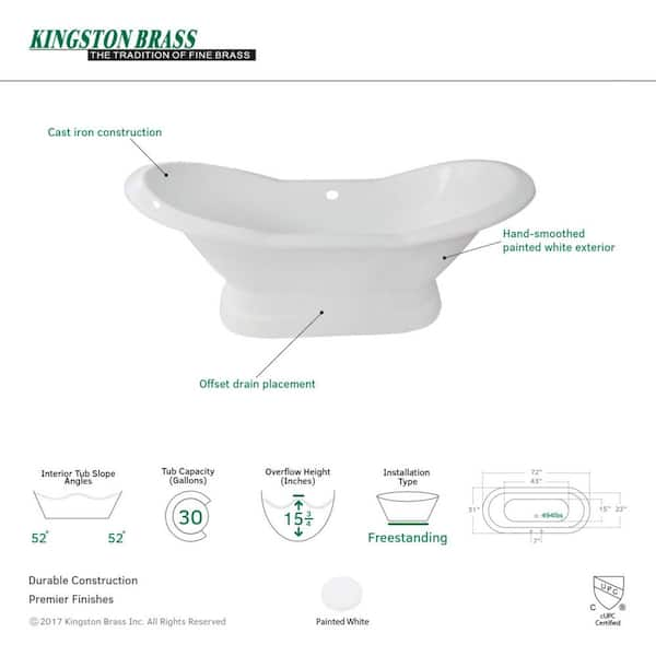 Aqua Eden 72 in. Cast Iron Pedestal Double Slipper Flatbottom Bathtub in  White with 7 in. Deck Holes YVCT7D723130 - The Home Depot