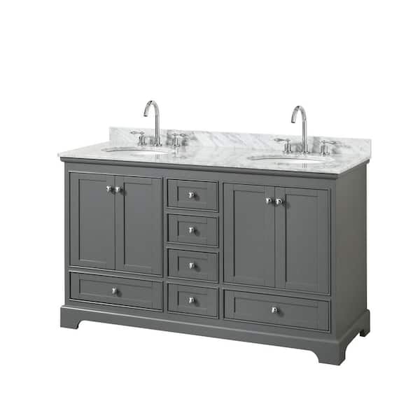 Wyndham Collection Deborah 60 in. Double Bathroom Vanity in Dark Gray with Marble Vanity Top in White Carrara with White Basins