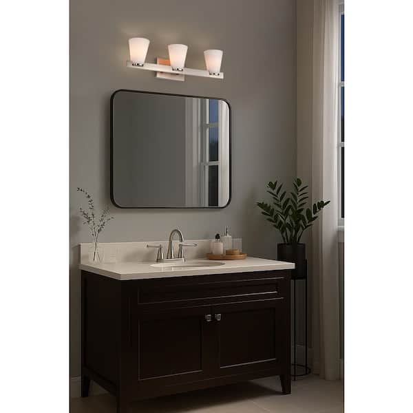 Royale 24 in. 3-Light Brushed Nickel Vanity Light with Ribbed White Glass Shade