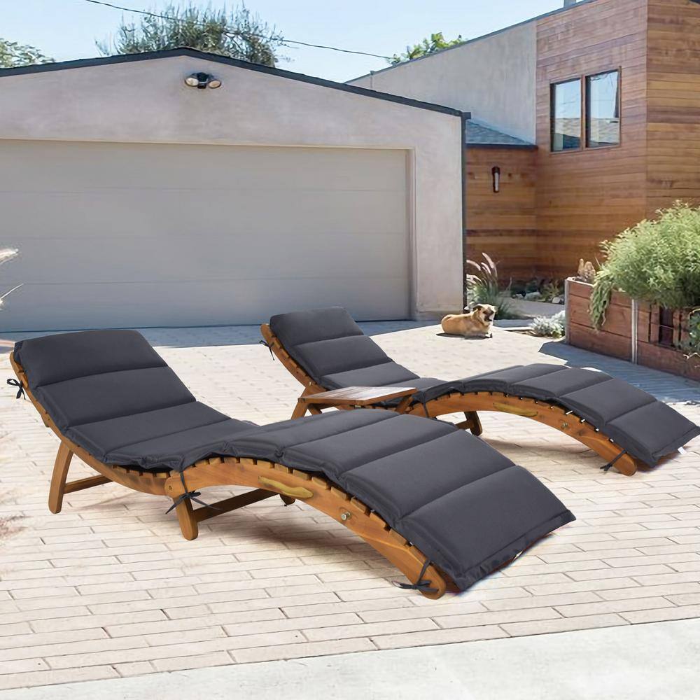 3-Piece Acacia Wood Outdoor Chaise Lounge with Gray Cushions and Foldable T