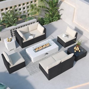 9-Piece Black Wicker Beige Cushions Patio Conversation Set with 56 in. Outdoor Concrete Fire Pit Table and Tank Table