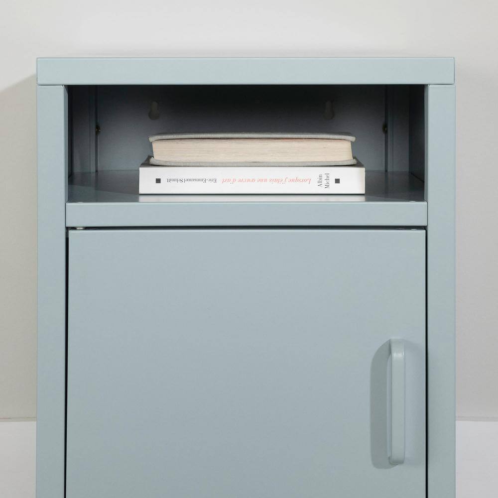 Light Blue Metal 1-Door Nightstand with Open Shelf