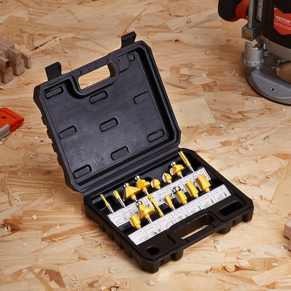 Router Bits Set 15-Pieces Carbide Router Bit Kit 1/4 in. Shank Plastic Carrying Case Tools for Particle Board
