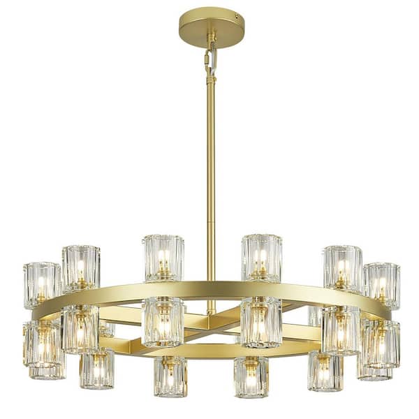 Home Light 24 Lights Gold Wagon Wheel Chandelier with Round Crystal Shade for Dining Room Entryway, Includes LED Bulbs