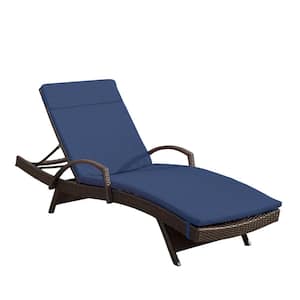 Miller Multi-Brown Faux Rattan Outdoor Patio Chaise Lounge with Navy Blue Cushion and Armrest