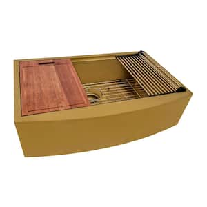 Monaco Brass Tone Matte Gold 16-Gauge Stainless Steel 36 in. Single Bowl Farmhouse Apron Workstation Kitchen Sink