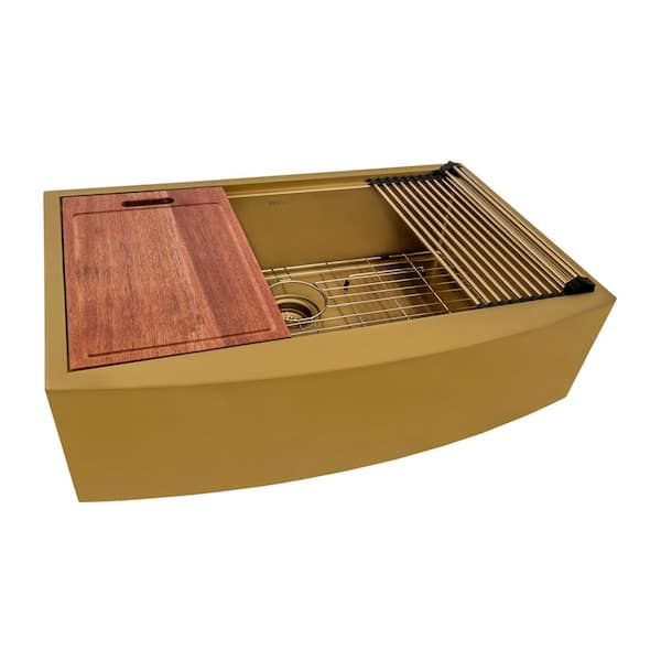 Monaco 36 in. Apron-Front Farmhouse Single Bowl 16-Gauge Stainless Steel Workstation Kitchen Sink in Matte Gold