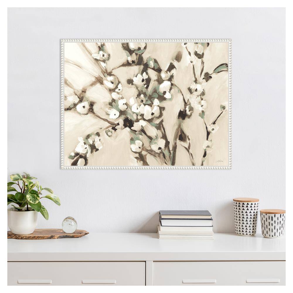 Wild Floral Branches Neutral Canvas Wall Art with White Frame