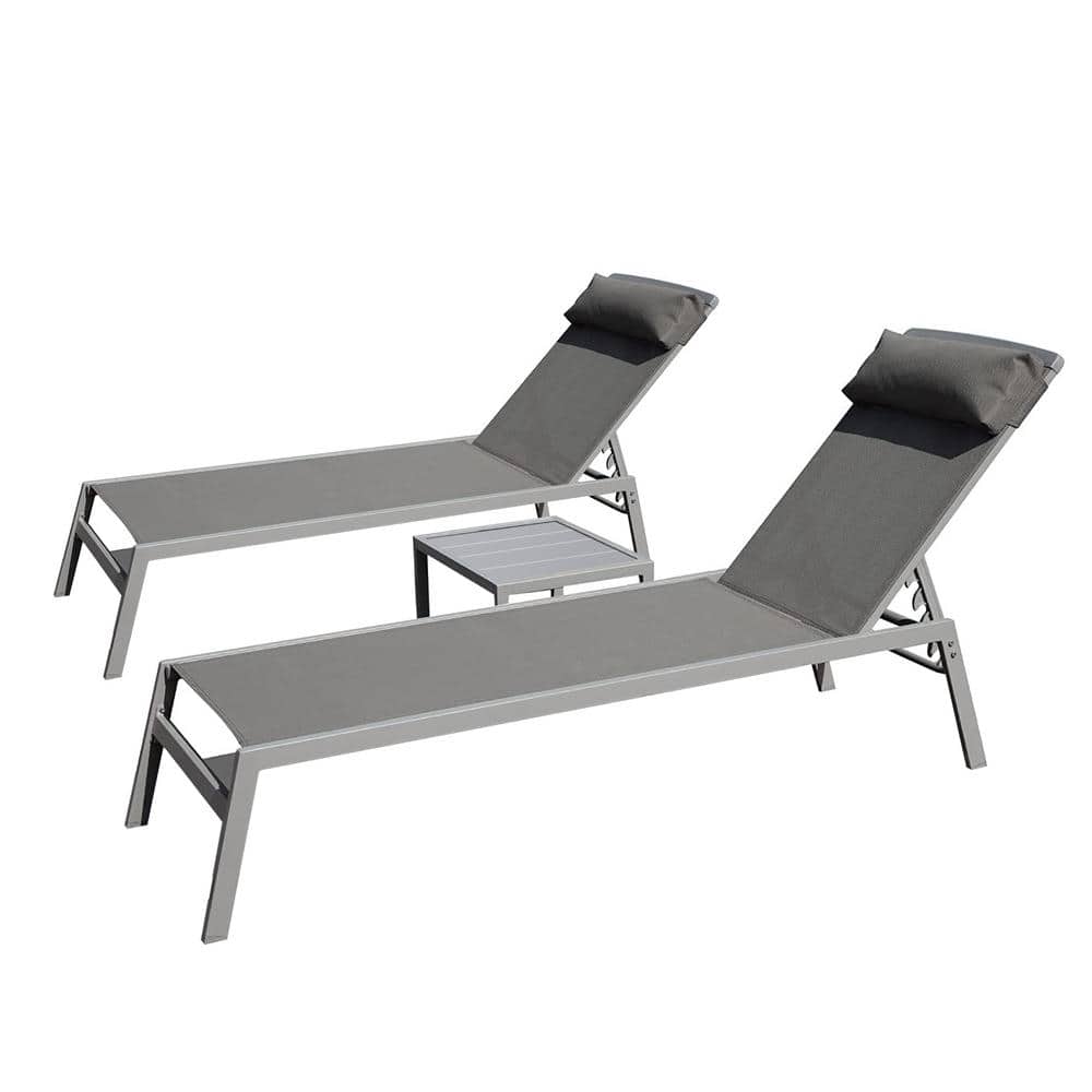 3-Pieces Aluminum Outdoor Patio Chaise Lounge Set with Headrest, Grey