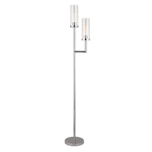 69 in. Silver 2 1-Way (On/Off) Torchiere Floor Lamp for Living Room with Glass Drum Shade