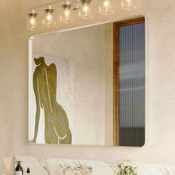 48 in. W x 40 in. H Rectangular Aluminum Framed Modern Silver Rounded Wall Mirror