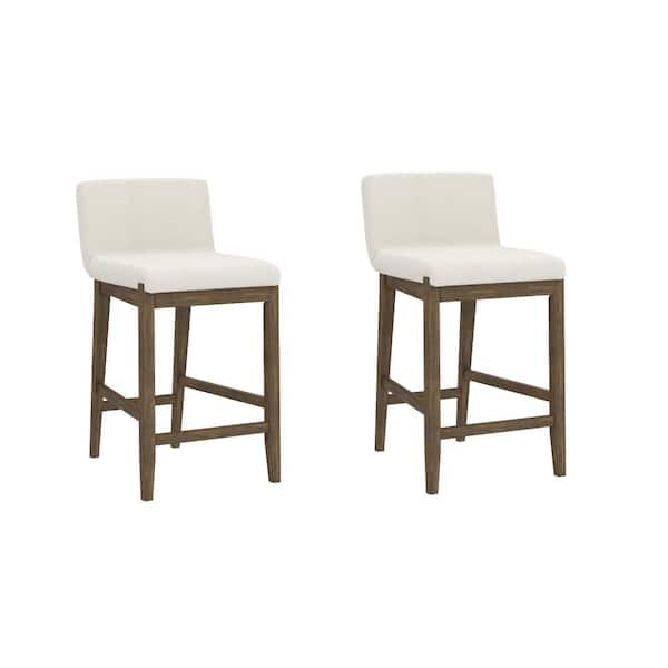 Gracie 24 in. Modern Counter Height Wood Bar Stool w/ Back, Textured Linen Upholstery, Cream Boucle/Dark Brown, Set of 2