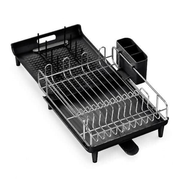 TOOLF Expandable Dish Drying Rack for Kitchen Counter, Stainless Steel Dish Dryer Rack Drainer for RV, Apartment,Black