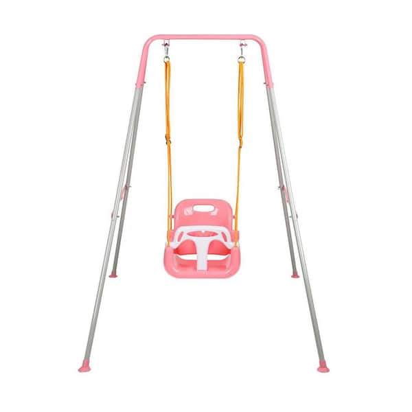 3-in-1 Toddler Swing Set with Foldable Frame for Outdoor Play, Multifunctional Swing for Children (Pink White)