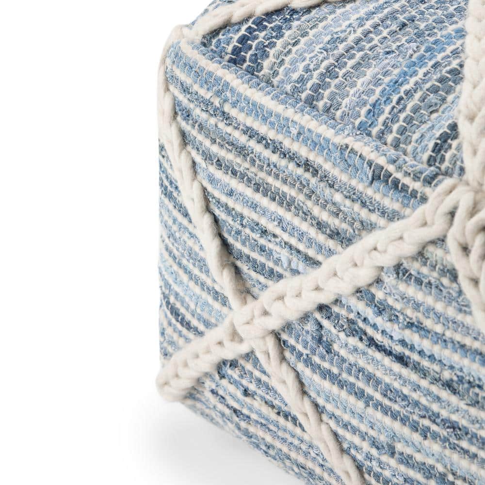 Cowan Boho Handwoven Square Pouf in Blue and Natural