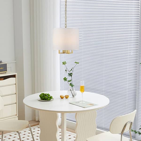 4-Light Gold Drum Chandelier with White Fabric Shade for Kitchen Island Dining Room