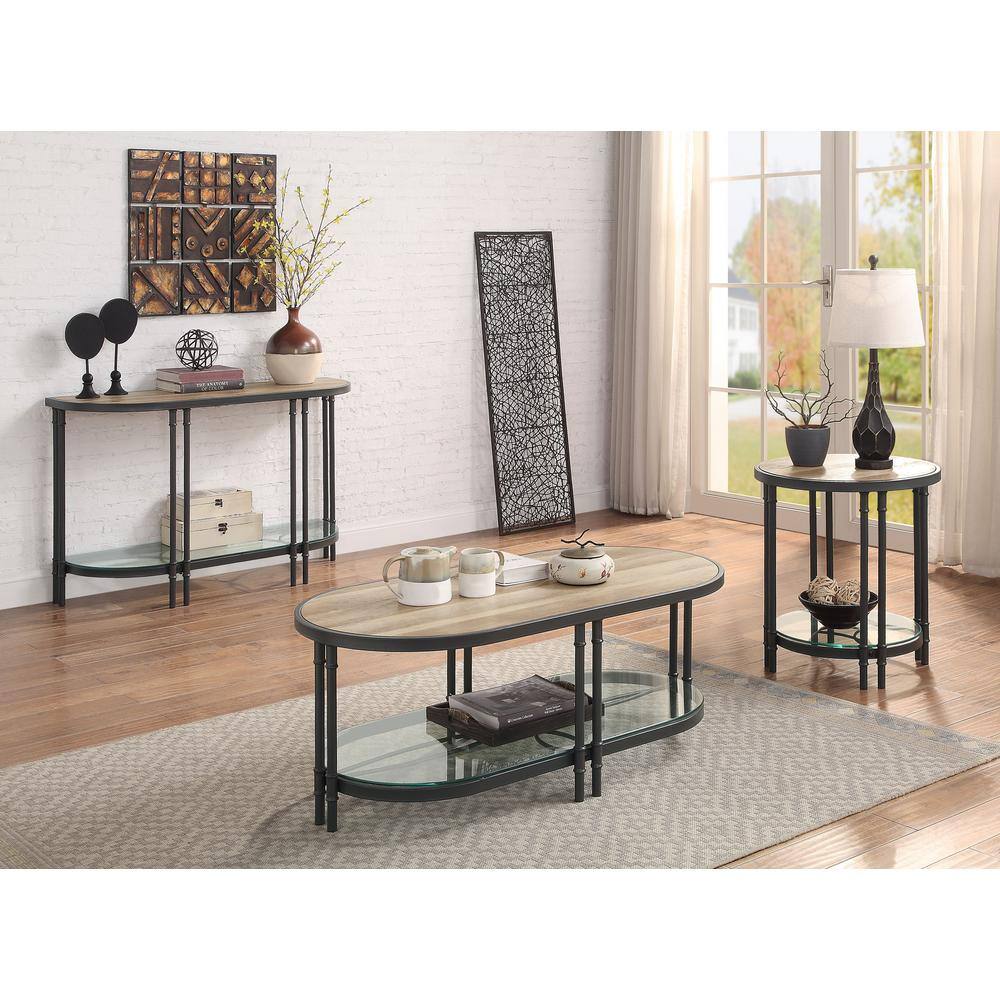 Oak Wood Grain & Sandy Black Metal Demilune Console Table with Glass Shelf