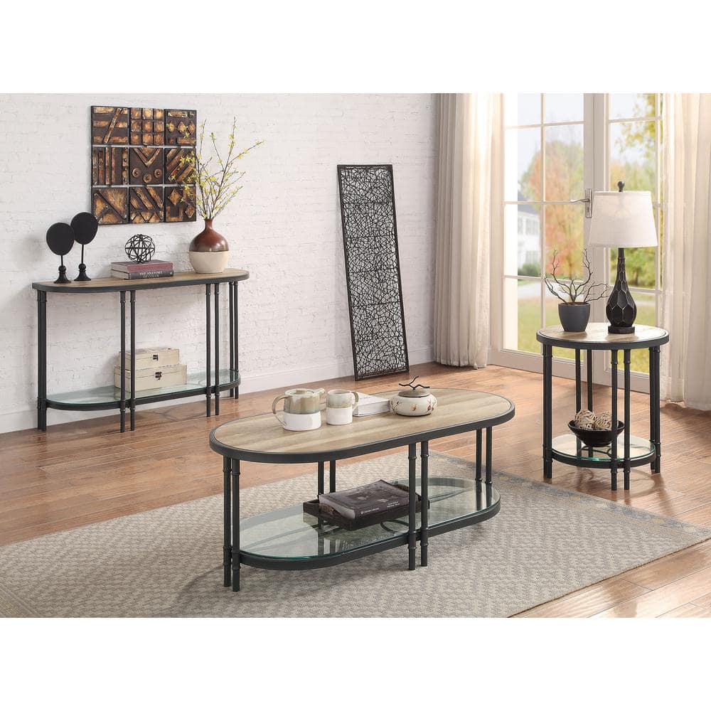 Modern Farmhouse Round Oak & Sandy Black End Table with Glass Shelf