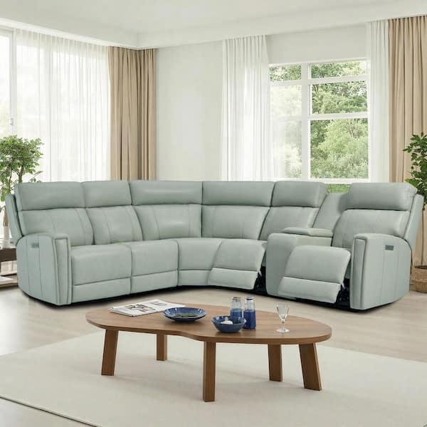 Rhett 104 in. Genuine Leather Power Recliner Sectional Sofa with USB&USB-C Port, 1 Power Armlesschair in Sea Foam