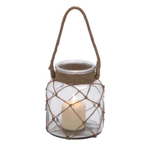 Litton Lane 8 in. H Brown Glass Handmade Decorative Candle Lantern with Hanging Rope