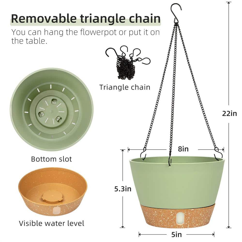 8-inch Green Plastic Hanging Planter with Self-Watering Reservoir, 2-Pack