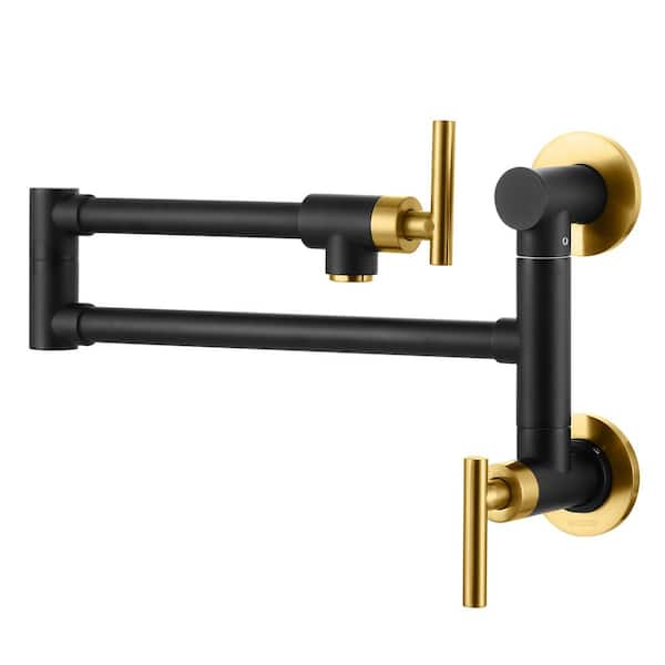 Brass Wall Mounted Pot Filler with Control Double Joint Swing Arm in Black and Gold