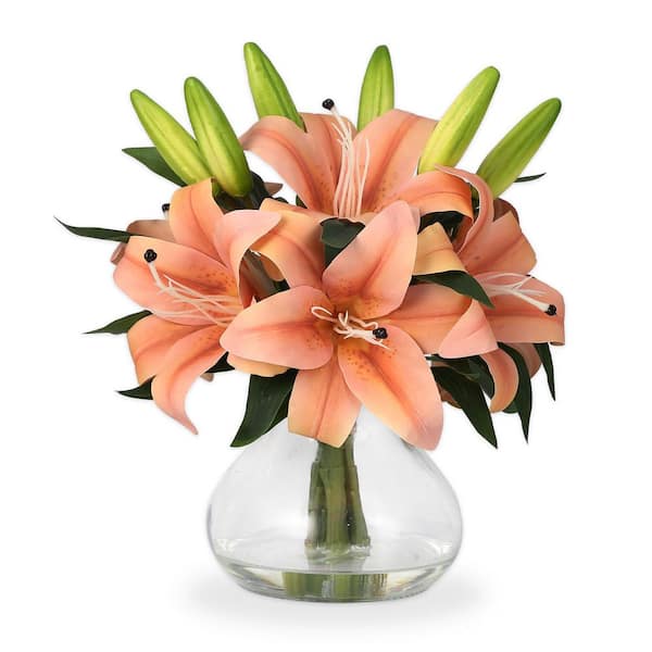 MOVECOM Realistic Artificial Lily Bouquet w/ Clear Glass Vase  13 in.  Tall, Lifelike Petals and Faux Water, Home Decor, Orange YLZ-PHK_374UMFYV -  The Home Depot