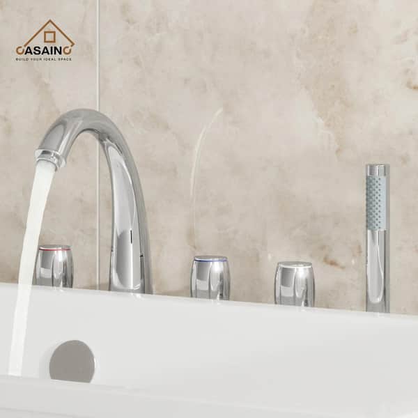 3-Handle Deck Mount Roman Tub Faucet with Hand Shower in Chrome Plated