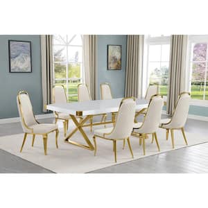 Miguel 9-Piece Rectangle White Wood Top Gold Stainless Steel Dining Set with 8 Cream Chairs