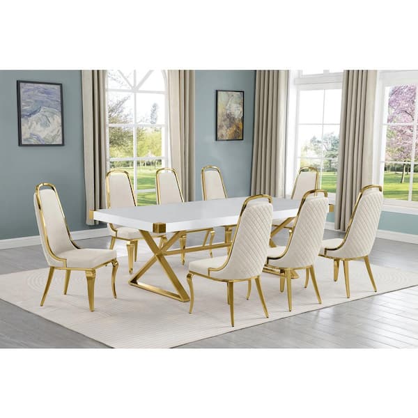 Best Quality Furniture Miguel 9-Piece Rectangle White Wood Top Gold Stainless Steel Dining Set with 8 Cream Chairs
