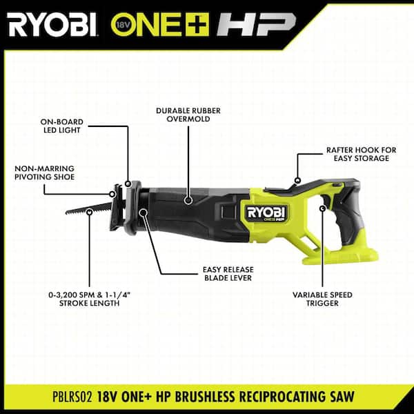 RYOBI ONE+ HP 18V Brushless Cordless Reciprocating Saw Kit with 4 Ah ...
