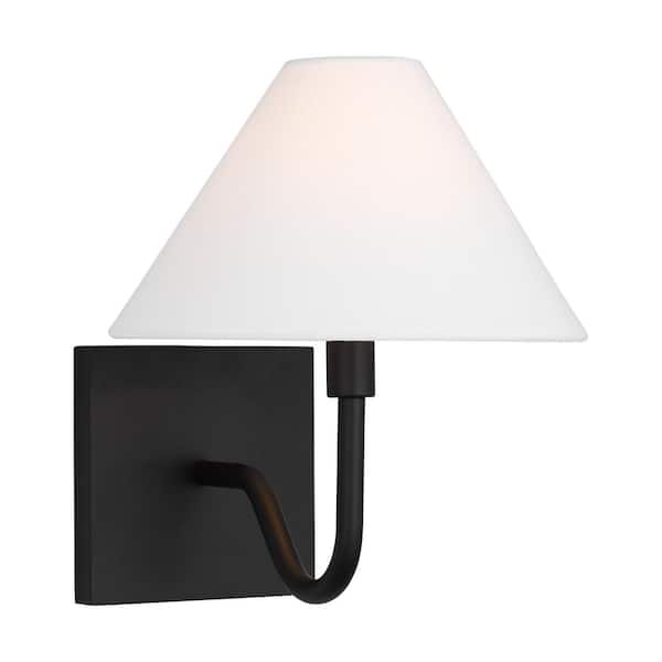 SCOTT LIVING Eldon Small 1-Light Midnight Black Wall Sconce with a White Linen Fabric Shade