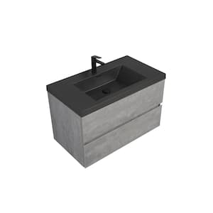 36 in. W Single Sink Wall-Mounted Gray Bath Vanity with Matt Black Quartz Top Unassembled