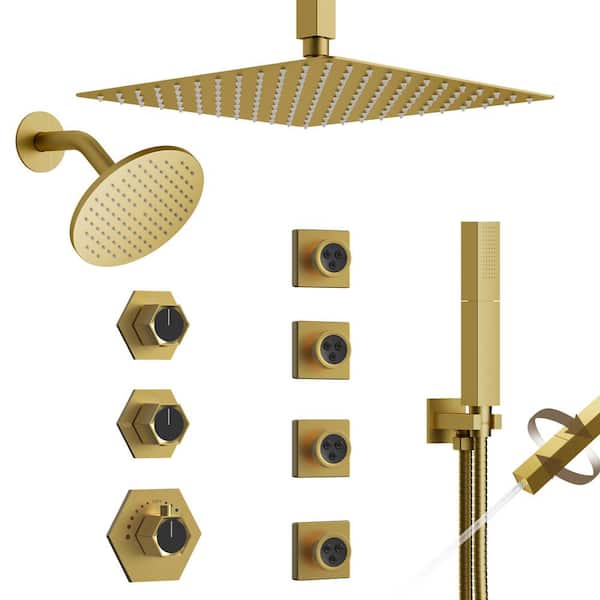 YAWWALK Thermostatic 8-Spray 12 and 6 in. Dual Shower Heads Ceiling Mount Fixed and Handheld Shower Head in Brushed Gold